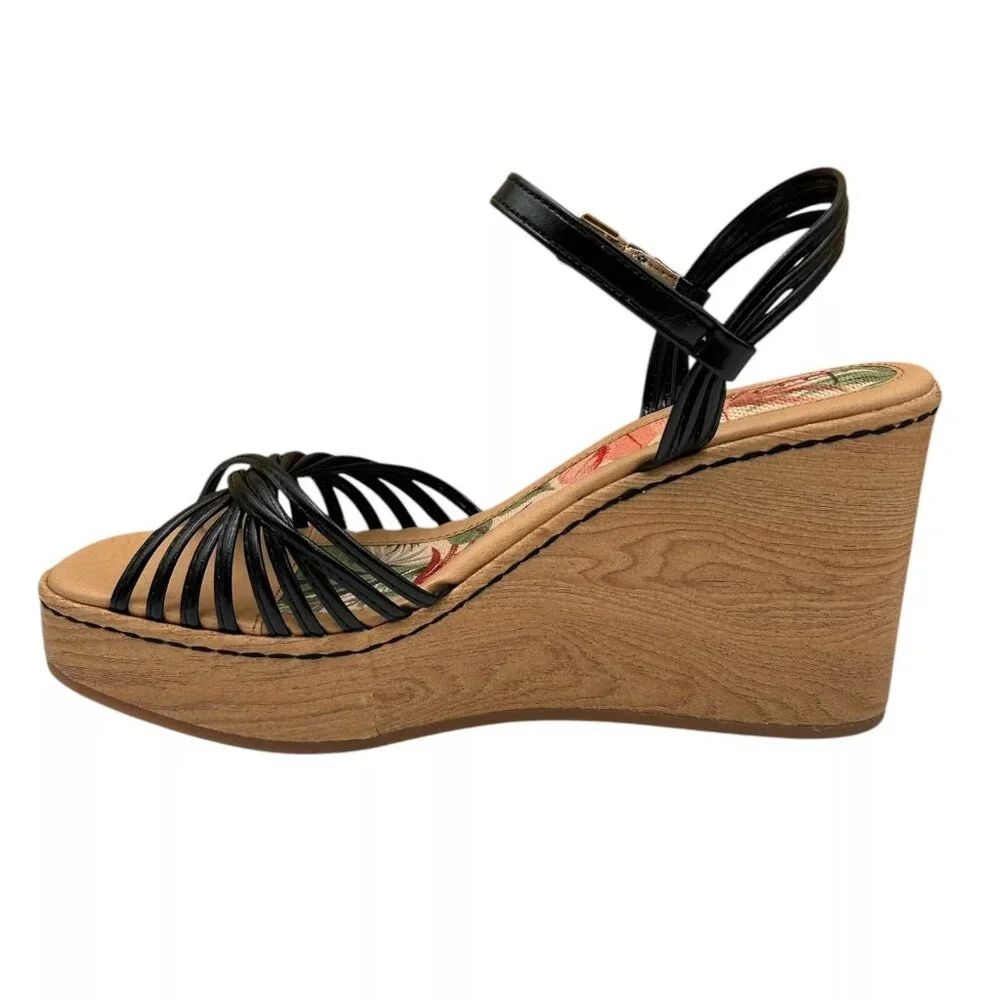 BOC Catalina Women's Platform Wedge Sandal Size 7 Black/Tan Glossy Straps‎ Twist